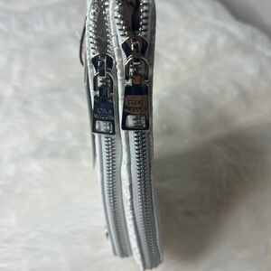 Steve Madden Wallet Stamped Logo Silver Zip Around Organizer Wristlet Nice